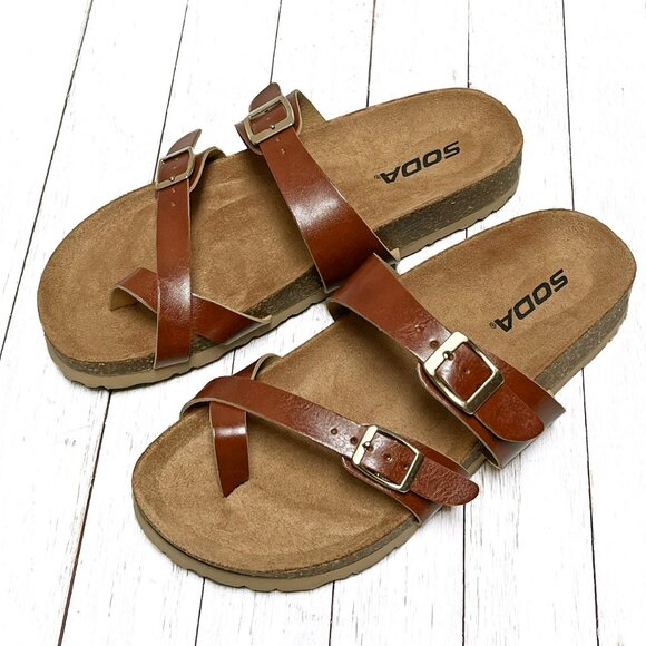 New Womens Brown Comfy Toe Loop Strappy Cork Slip On Sandals Slides - Picture 1 of 5